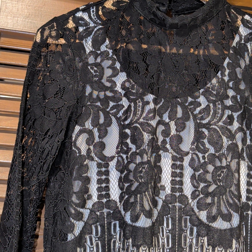 Black Lace Top With 3/4 Sleeves And Mock Neckline